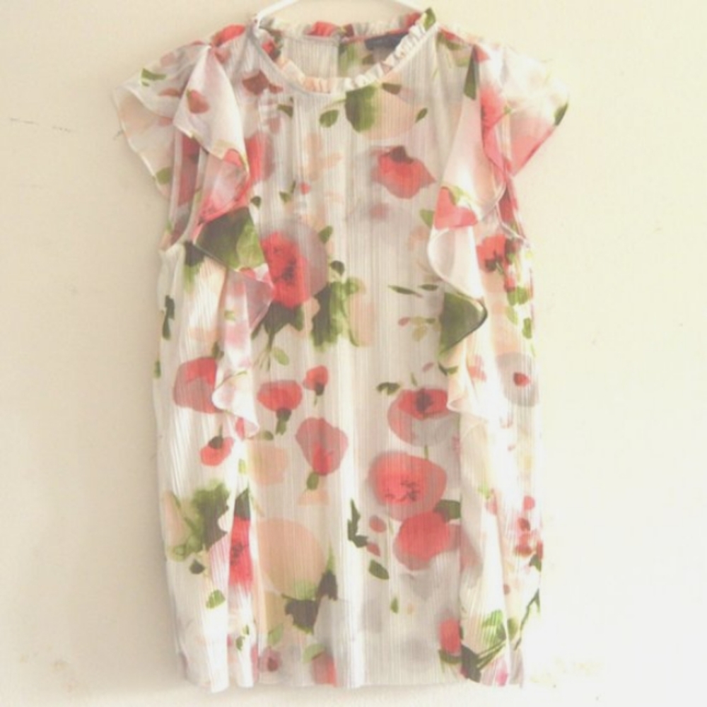 Floral Multicolor Ruffle Sleeve Pleated Blouse